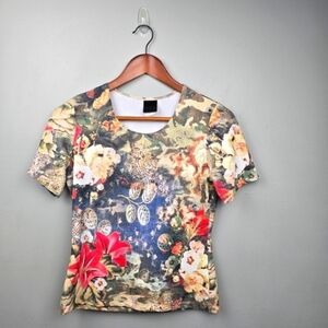 Vintage Art To Wear Stretchy Blouse Floral Multi-colored Womens Size M Petite‎